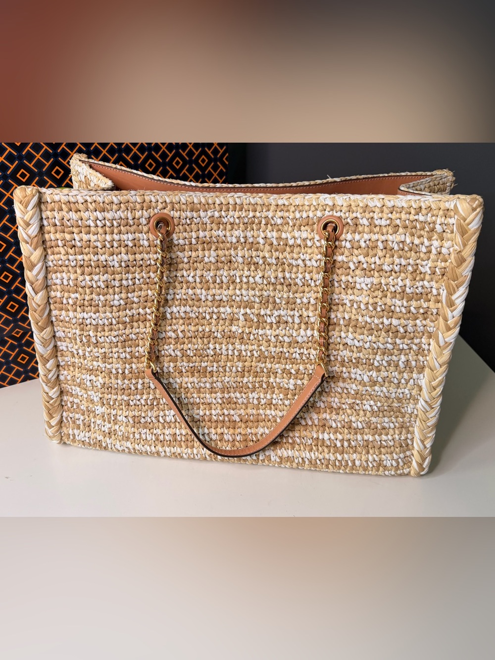 NWOT - Tory Burch Ella Raffia Tote - Cream & White - Picture 4 of 12